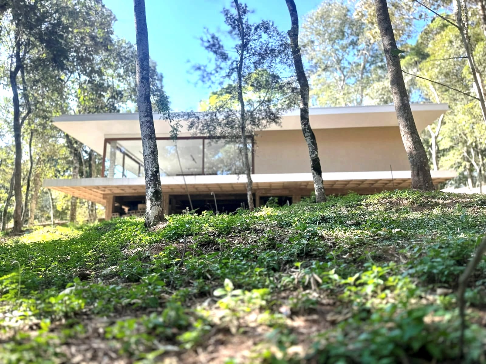 A casa suspensa na encosta, entre as árvores
